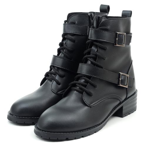 【 cher美鞋】MIT個性雙釦低跟中筒靴-黑色 36-40碼 1060181805-18