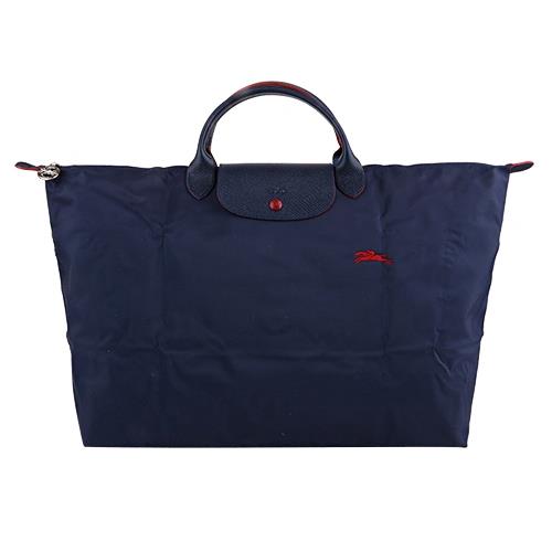 LONGCHAMP  Le pliag刺繡小馬尼龍摺疊手提旅行包(海軍藍)XL
