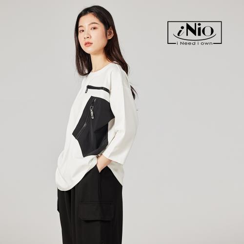 【iNio】拼接大口袋設計五分袖七分袖上衣－現貨快出【C1W1018】