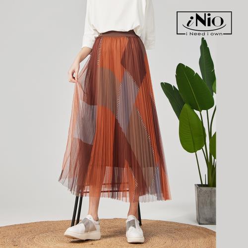 【iNio】幾何色塊鬆緊腰雙層網紗裙－現貨快出【C0W2230】