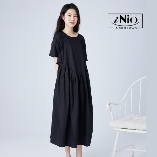 【iNio】腰際弧形抓皺設計短袖洋裝－現貨快出【C1W3030】