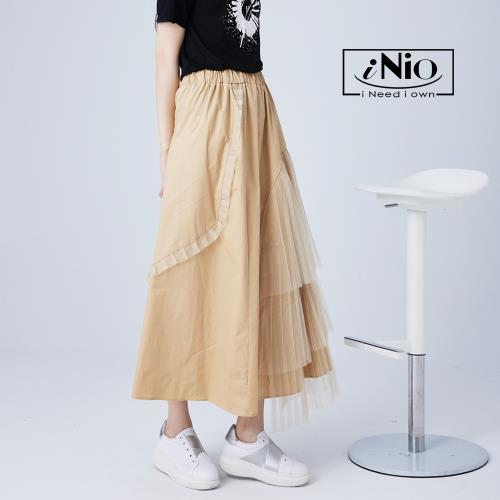 【iNio】時尚系層次網紗拼接鬆緊腰長裙－現貨快出【C1W2115】