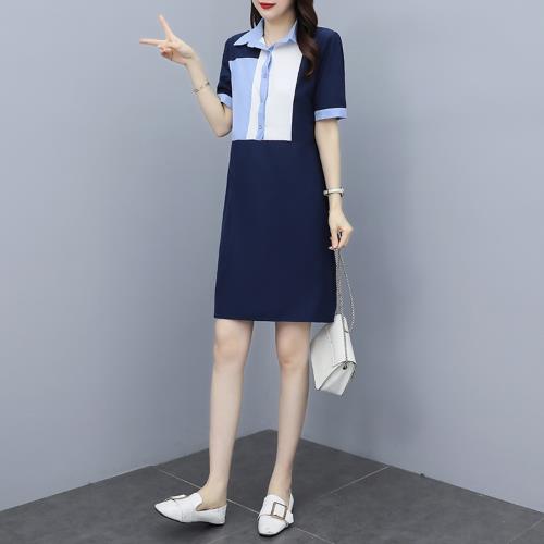 REKO-知性時尚藍拼色襯衫寬鬆連身裙M-3XL