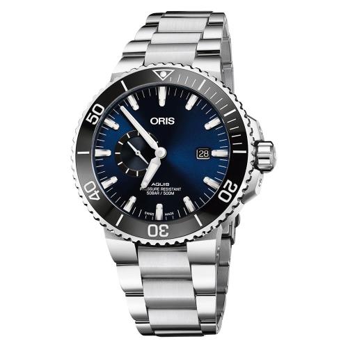 Oris豪利時 Aquis 小秒針500米專業潛水機械錶-藍x銀/45.5mm(0174377334135-0782405PEB)