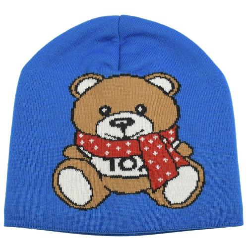 MOSCHINO 65200 經典泰迪熊羊毛混紡針織毛帽.藍