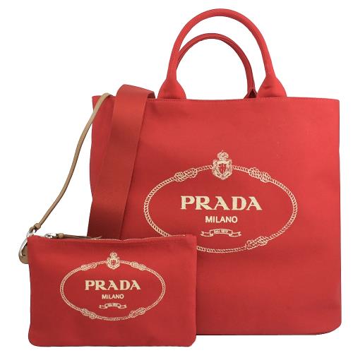 PRADA 1BG161 復古燙印LOGO帆布超大容量兩用購物包.紅