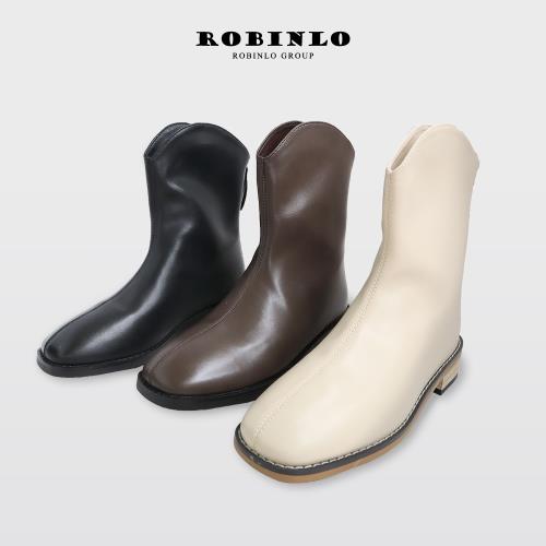 Robinlo嬉皮年代率性西部牛仔短靴 ACRE-奶油白/咖啡棕/極簡黑