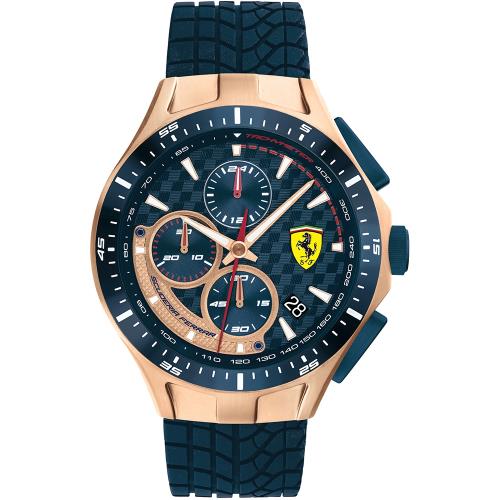 Scuderia Ferrari 法拉利 賽車格紋三眼計時錶/玫瑰金X藍/44mm/FA0830699