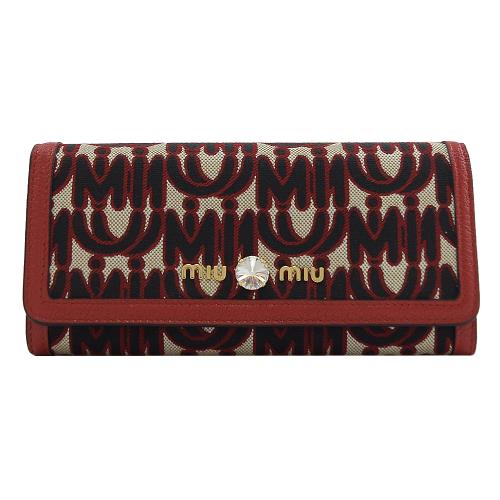 MIU MIU 5MH109 刺繡LOGO水鑽飾扣式長夾.紅