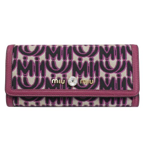 MIU MIU 5MH109 刺繡LOGO水鑽飾扣式長夾.桃紫