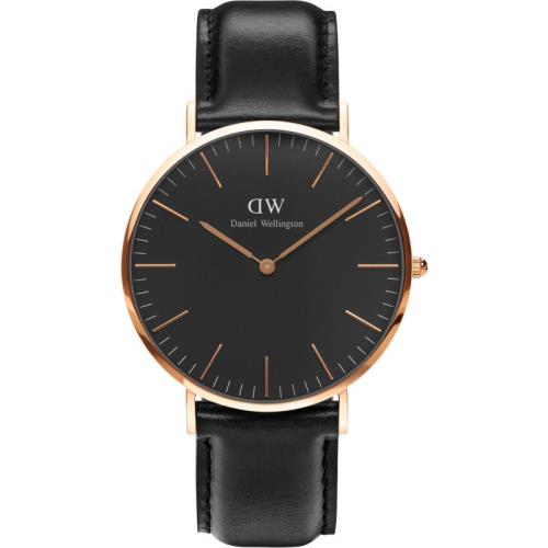 Daniel Wellington 經典中的珍貴收藏時尚優質皮革手錶-黑+玫瑰金/40mm-DW00100127