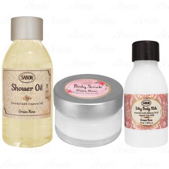 SABON 綠玫瑰 明星三部曲推薦組(沐浴油100ml+身體磨砂膏60g+絲綢身體乳50ml)(公司貨)
