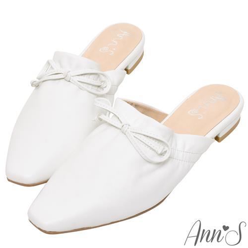 Ann’S氣質蝴蝶結-頂級綿羊皮平底穆勒鞋-白(版型偏小)