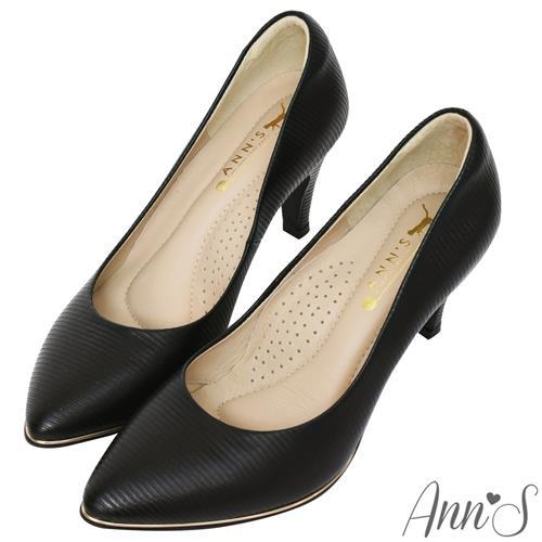 Ann’S美腿公式-小羊皮金色夾心尖頭高跟鞋-黑
