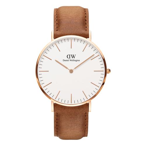Daniel Wellington 經典中的獨特時尚優質麝香型咖啡皮革手錶-白+玫瑰金/40mm-DW00100109
