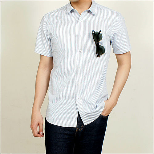 [H&G] MINGSHU上班休閒融合純棉直條紋短袖休閒襯衫-白底藍條