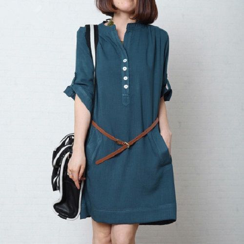 【GAIA】韓版棉麻寬鬆七分袖洋裝（附腰帶）