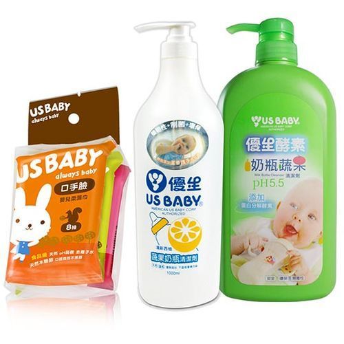 【優生】酵素奶瓶蔬果清潔劑+蔬果奶瓶清潔劑1000ml(柚香)+口手臉濕巾8抽3包(2組)