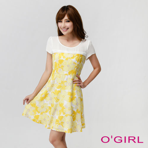 OGIRL修腰顯瘦花朵洋裝(黃)