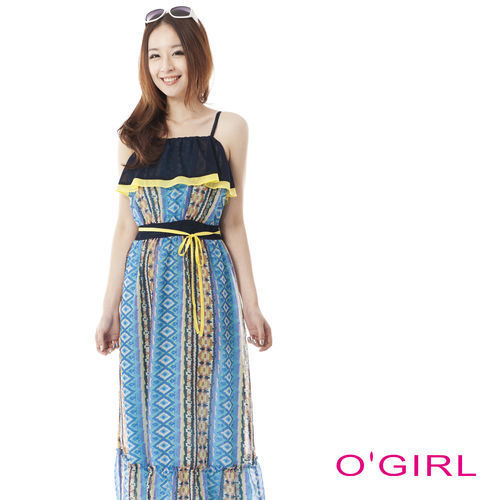 OGIRL圖騰印花細肩帶度假風長洋裝(藍黃花)
