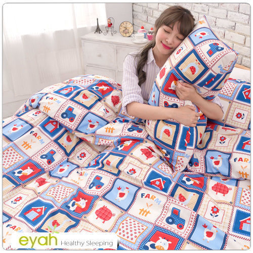 【eyah】雙人加大四件式精梳純棉兩用被床包組-LV開心農場