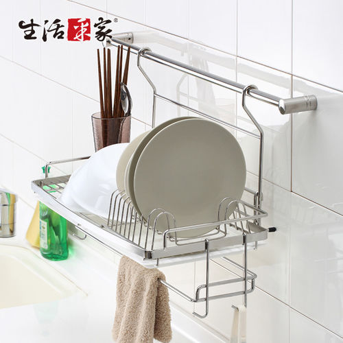 【生活采家】台灣製304不鏽鋼廚房掛式碗盤瀝水架(含雙桿抹布掛勾架)#27175