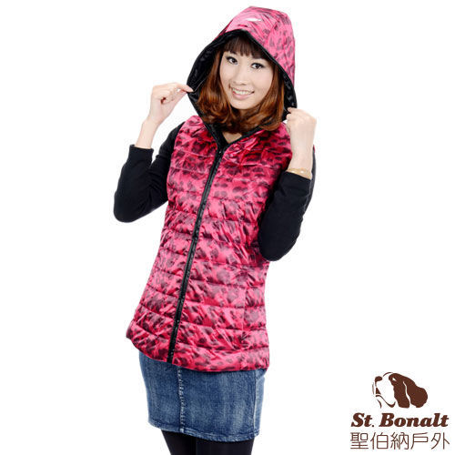 【聖伯納 St.Bonalt】女-保暖連帽羽絨背心-紅豹紋(2606)