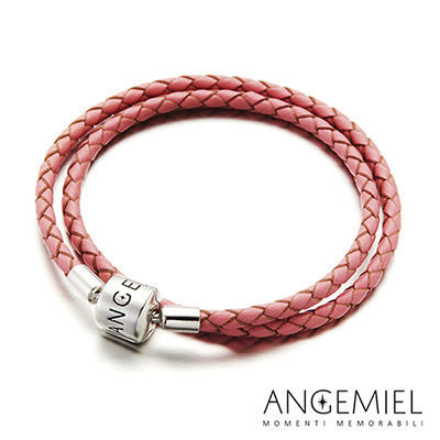 Angemiel安婕米 義大利925純銀珠飾 雙圈皮革手環(粉紅)