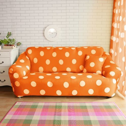 【HomeBeauty】絕對涼感冰晶絲印花彈性沙發罩-3人座-水玉點點(粉橘)
