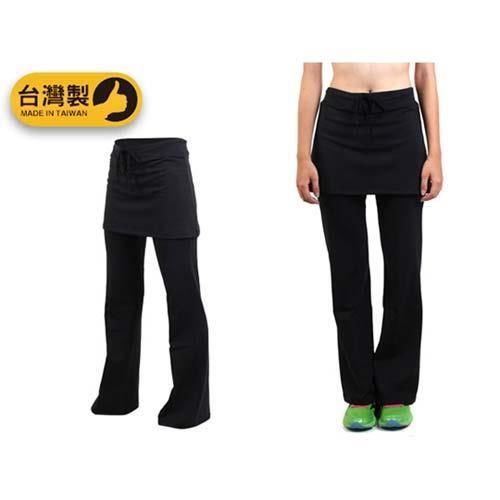 【SOFO】女兩件式運動長褲 -台灣製 韻律 有氧 褲裙 黑
