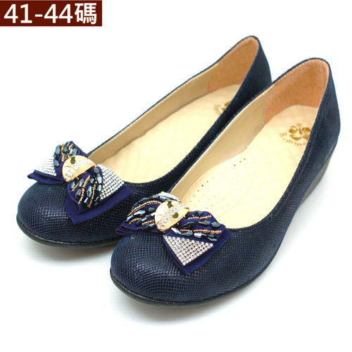 【 101大尺碼女鞋】   雙色寶石美鑽小坡跟美鞋.藍色款 5505-154-H