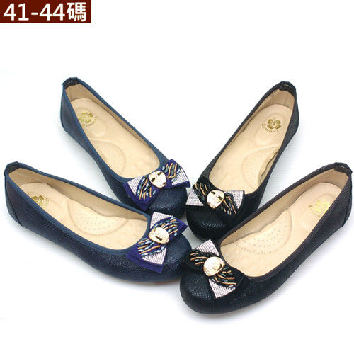【 101大尺碼女鞋】  蝴蝶結晶鑽圓頭豆豆鞋 (黑 藍2色)  5380-154