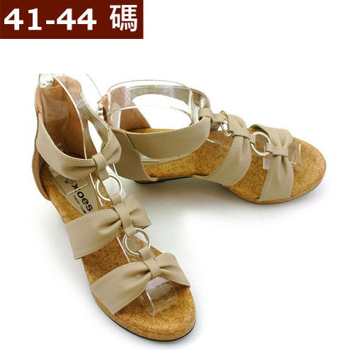 【 101大尺碼女鞋】 復古皮革後拉鍊楔型羅馬涼鞋   (米色)  613-01