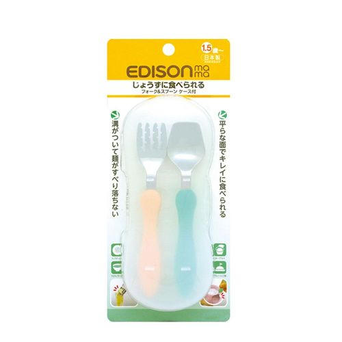日本製 EDISON 阿卡將 幼童學習叉子湯匙組 附收納盒 (米+綠)