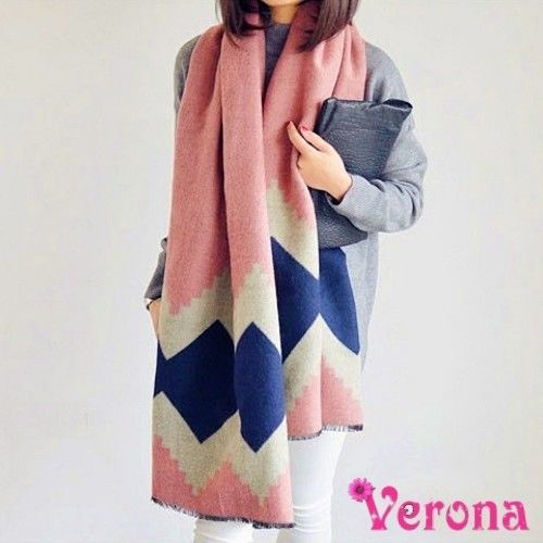 【Verona】笛筠幾何雙面羊絨拼接保暖大圍巾披肩