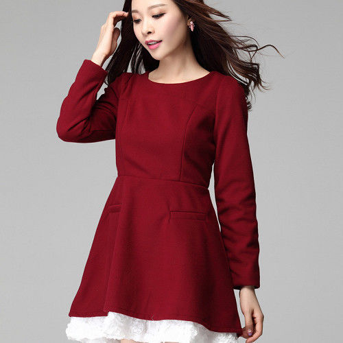 【KVOLL中大尺碼】紅色修身立體蕾絲連衣裙