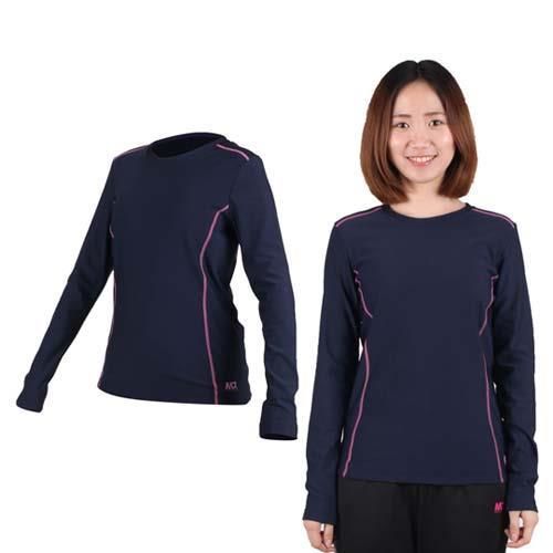 【MJ3】女圓領吸排刷毛保暖長袖T恤-  丈青桃紅  90%聚酯纖維