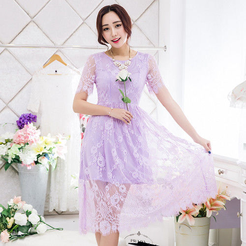 【KVOLL中大尺碼】紫色唯美透膚蕾絲連身長裙