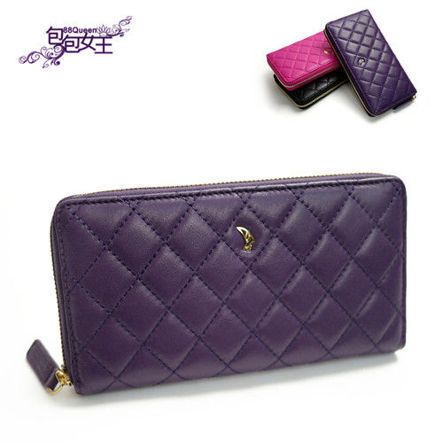 88Queen包包女王 經典菱格羊皮拉鏈長夾-深紫色