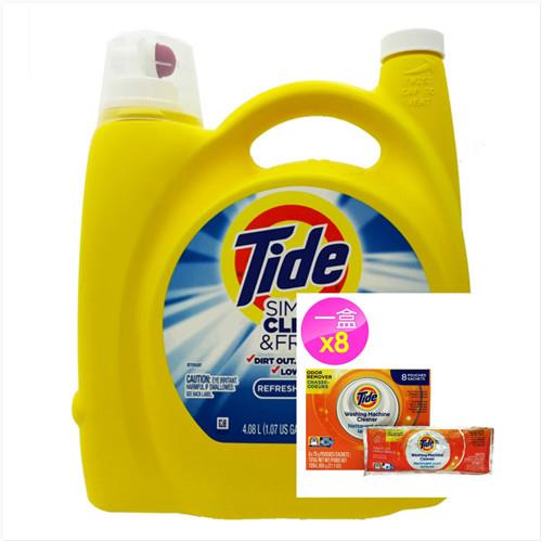美國 Tide 濃縮洗衣膏-清新微風(138oz/4080ml)x1+洗衣槽洗潔劑(75gx8盒)