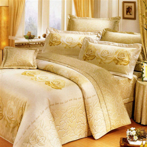 艾莉絲-貝倫 香榭玫瑰-雙人特大六件式(100%純棉)鋪棉床罩組(米黃色)