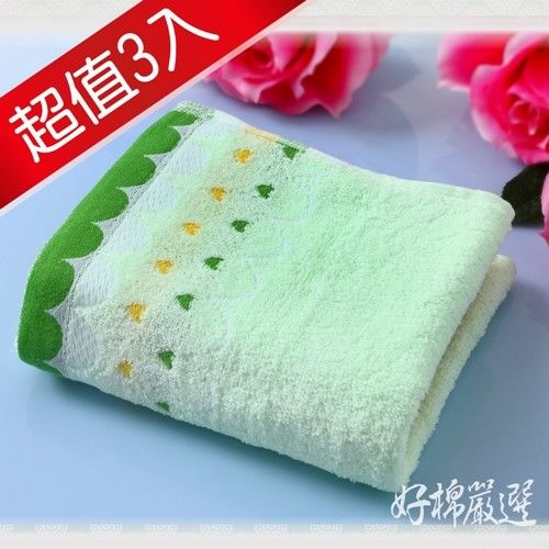 【好棉嚴選】台灣製卡洛兔雙色緹花愛心款 厚實吸水 純棉毛巾3入組(綠)
