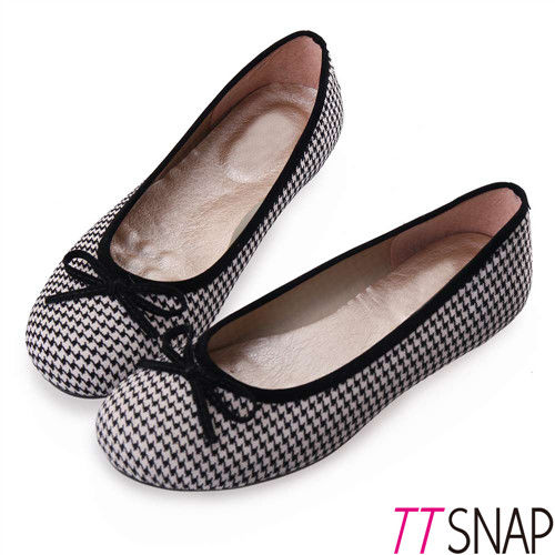 TTSNAP娃娃鞋-MIT細緻小千鳥格紋蝴蝶結柔軟Q平底鞋 千鳥米