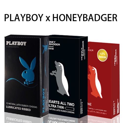 PLAYBOY x HONEYBADGER 保險套組合包 - 螺紋極限誘惑 + 超薄零零貳 + 愛棒(內含麻醉劑) 30入組