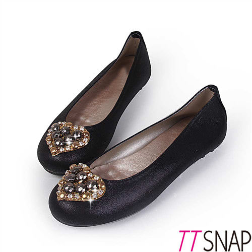 TTSNAP娃娃鞋-MIT全真皮 愛心水鑽羊皮柔軟Q平底鞋(黑、棕、米 三色選)