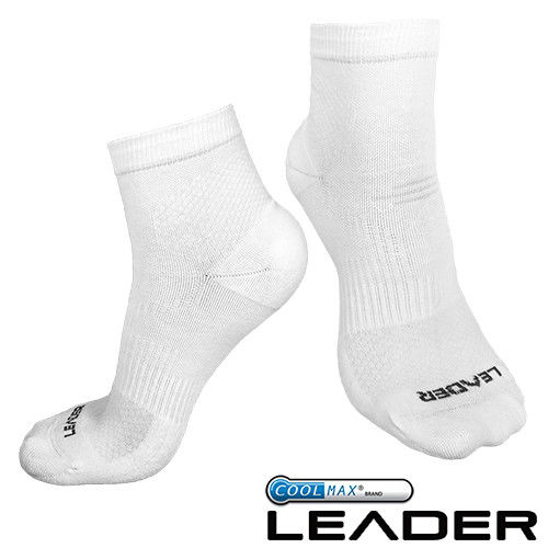 【LEADER】COOLMAX 運動專用薄型除臭機能襪 男款(白色)
