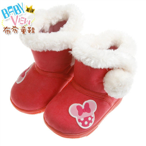 《布布童鞋》Disney迪士尼米妮粉橘色白絨毛球滾邊寶寶雪靴(13~16公分)MLK636G