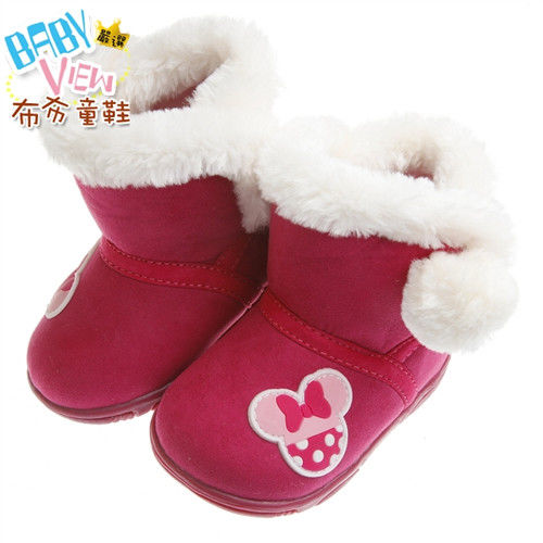 《布布童鞋》Disney迪士尼米妮桃紅色白絨毛球滾邊寶寶雪靴(13~16公分MLM636H