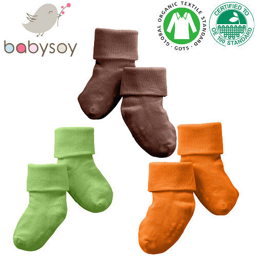 美國 Babysoy 有機棉嬰兒防滑繽紛短襪3入組-咖啡+草綠+橘 - 547