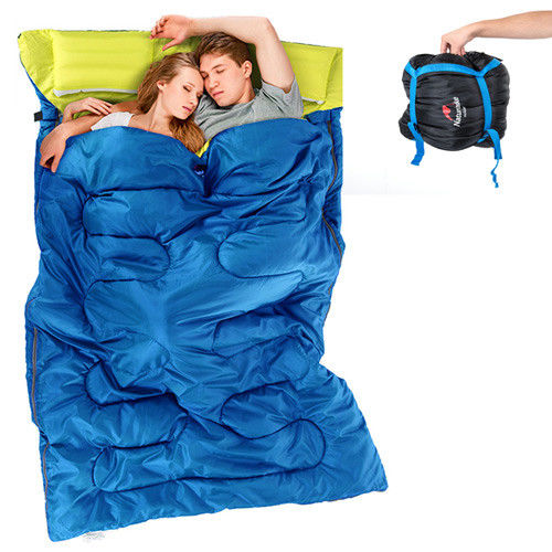 PUSH! 登山戶外用品 加寬加厚保暖雙人帶枕頭四季睡袋P85藍色